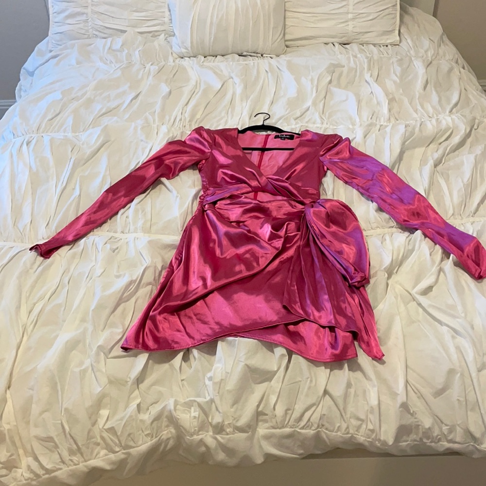 Lulu's Hot Pink Satin Long Sleeve Wrap Dress